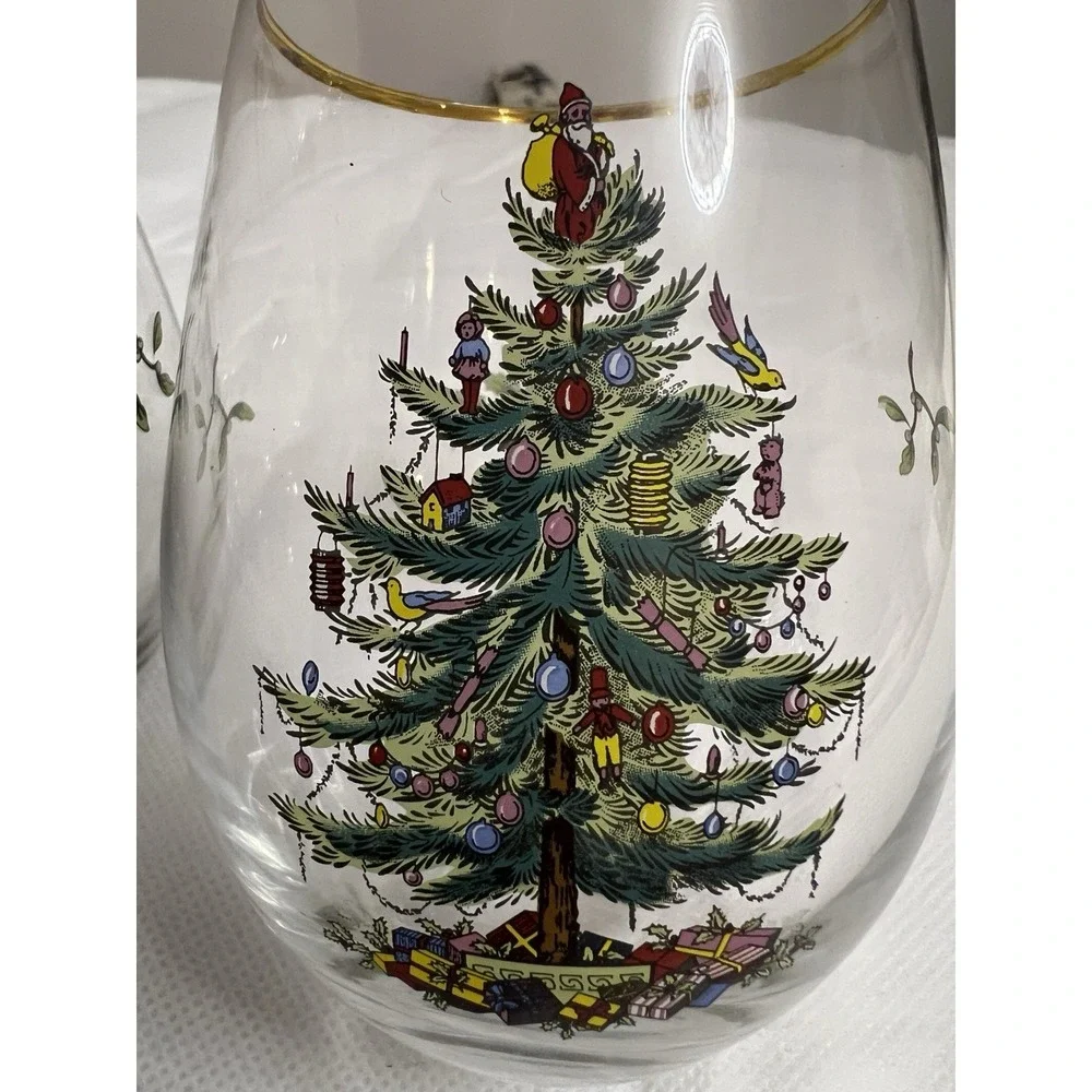 Spode Christmas Tree Stemless Wine Glasses Holiday Tablescape Grandmillennial